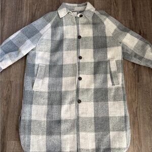 H&M Grey and Cream Plaid Wool-Blend Coat